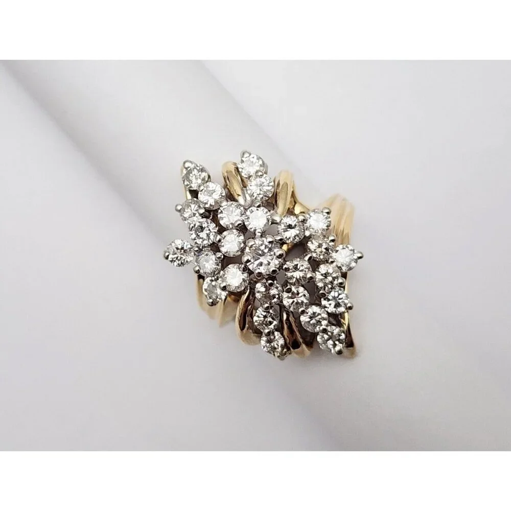 Unique 14K Karat Solid Yellow Gold Designer Round Diamond Cluster Ring - Size 6